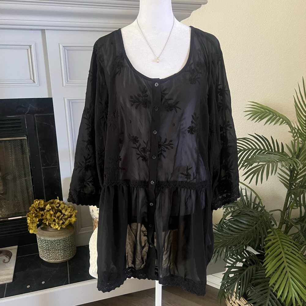 Logo By Lori Goldstein Black Sheer Button-Up Blouse Size 26W